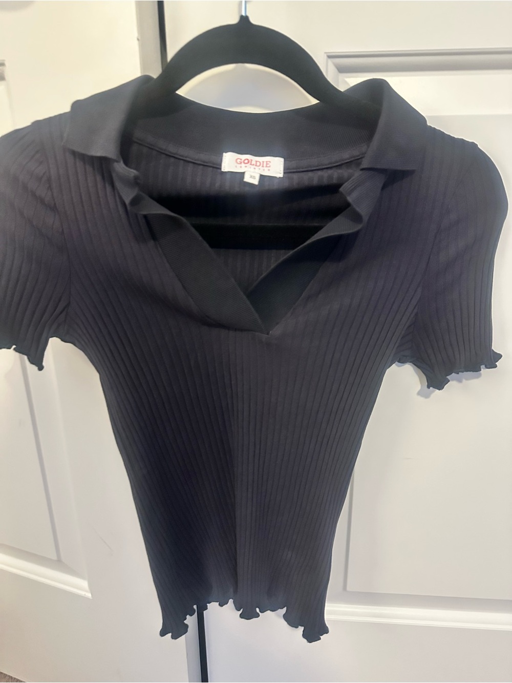 Goldie navy Ribbed Collared Short Sleeve Top